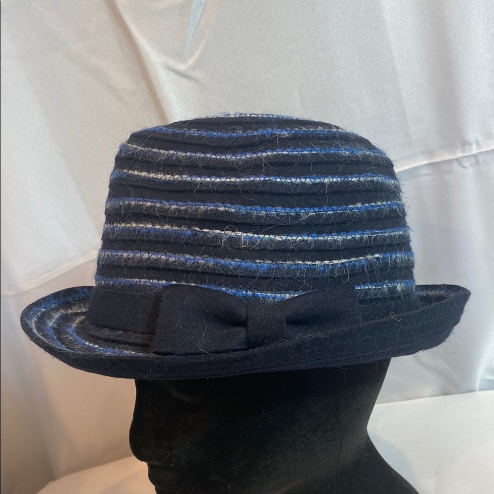 Stylish Blue and Black Striped Wool Fedora Hat by Jessica Simpson, One Size
